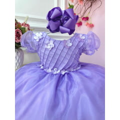 Vestido Infantil Lilás Princesa Sofia C/ Apliques de Flores