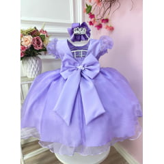 Vestido Infantil Lilás Princesa Sofia C/ Apliques de Flores