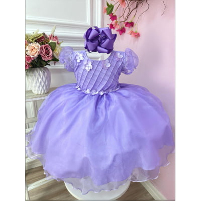 Vestido Infantil Lilás Princesa Sofia C/ Apliques de Flores