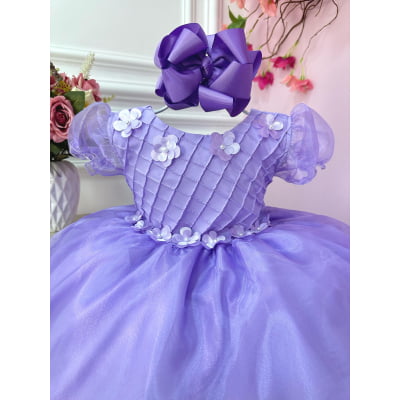 Vestido Infantil Lilás Princesa Sofia C/ Apliques de Flores