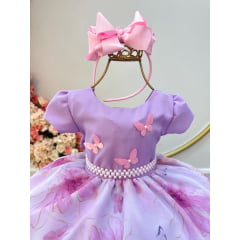 Vestido Infantil Lilás Saia Tule Florido C/ Apliques Borboletas