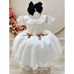 Vestido Infantil Off White Busto Strass C/ Bolero Xadrez Luxo