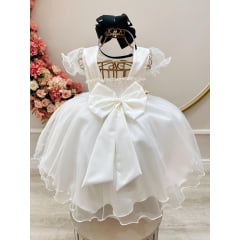 Vestido Infantil Off White Busto Strass C/ Bolero Xadrez Luxo