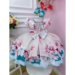 Vestido Infantil Marfim Flores Primavera C/ Cinto de Pérolas