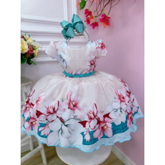 Vestido Infantil Marfim Flores Primavera C/ Cinto de Pérolas