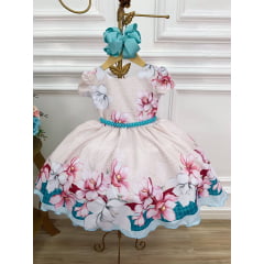 Vestido Infantil Marfim Flores Primavera C/ Cinto de Pérolas