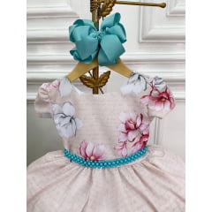 Vestido Infantil Marfim Flores Primavera C/ Cinto de Pérolas