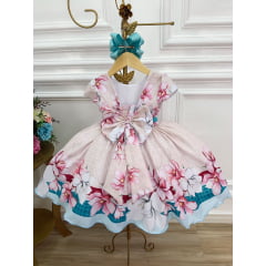 Vestido Infantil Marfim Flores Primavera C/ Cinto de Pérolas