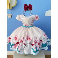Vestido Infantil Marfim Flores Primavera C/ Cinto de Pérolas