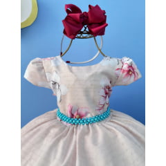 Vestido Infantil Marfim Flores Primavera C/ Cinto de Pérolas
