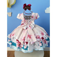 Vestido Infantil Marfim Flores Primavera C/ Cinto de Pérolas