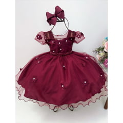 Vestido Infantil Marsala Aplique Borboleta e Flores Pérolas