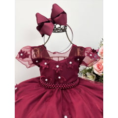 Vestido Infantil Marsala Aplique Borboleta e Flores Pérolas