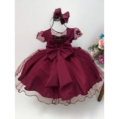 Vestido Infantil Marsala Aplique Borboleta e Flores Pérolas