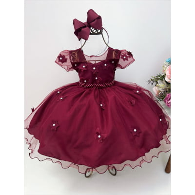 Vestido Infantil Marsala Aplique Borboleta e Flores Pérolas
