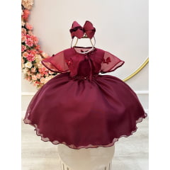 Vestido Infantil Marsala Echarpe Infantil Apliques Borboletas