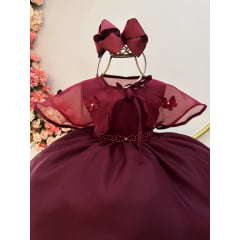 Vestido Infantil Marsala Echarpe Infantil Apliques Borboletas