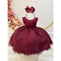 Vestido Infantil Marsala Echarpe Infantil Apliques Borboletas