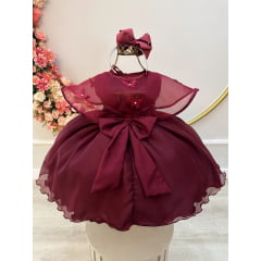 Vestido Infantil Marsala Echarpe Infantil Apliques Borboletas