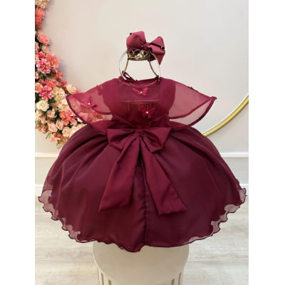 Vestido Infantil Marsala Echarpe Infantil Apliques Borboletas