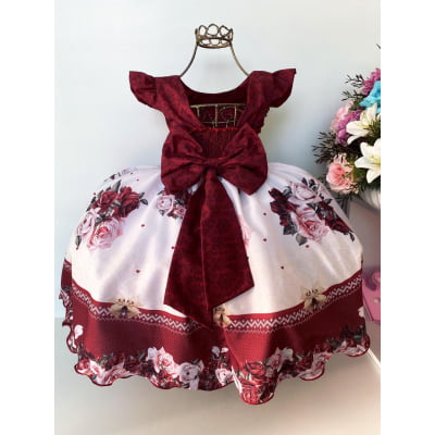 Vestido Infantil Marsala Laços Floral Luxo Realeza
