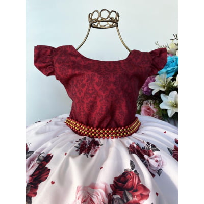Vestido Infantil Marsala Laços Floral Luxo Realeza