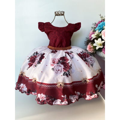 Vestido Infantil Marsala Laços Floral Luxo Realeza