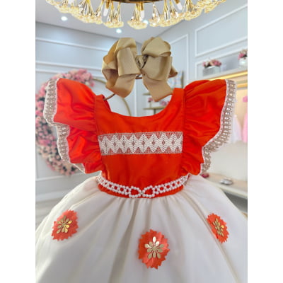 Vestido Infantil Moana C/ Apliques de Flores Laranja Festas