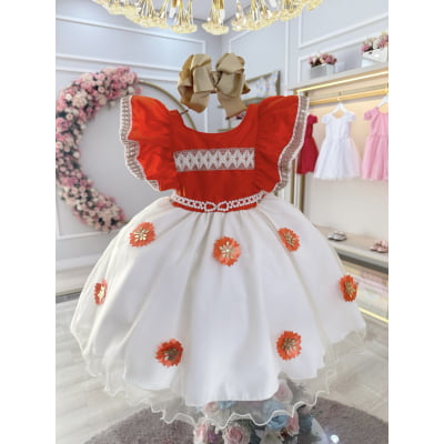 Vestido Infantil Moana C/ Apliques de Flores Laranja Festas Vestido Infantil Moana C/ Apliques de Flores Laranja Festas