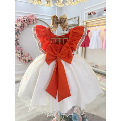 Vestido Infantil Moana C/ Apliques de Flores Laranja Festas