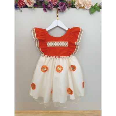 Vestido Infantil Moana C/ Apliques de Flores Laranja Festas