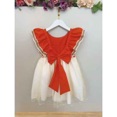 Vestido Infantil Moana C/ Apliques de Flores Laranja Festas