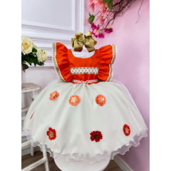 Vestido Infantil Moana Laranja C/ Apliques Flores Festas