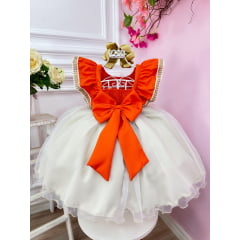 Vestido Infantil Moana Laranja C/ Apliques Flores Festas