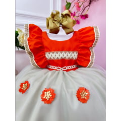 Vestido Infantil Moana Laranja C/ Apliques Flores Festas