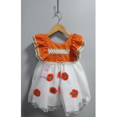 Vestido Infantil Moana Laranja Com Apliques de Flores Festas