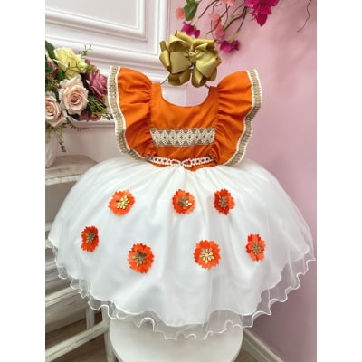 Vestido Infantil Moana Laranja Com Apliques de Flores Festas