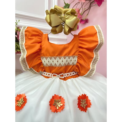 Vestido Infantil Moana Laranja Com Apliques de Flores Festas