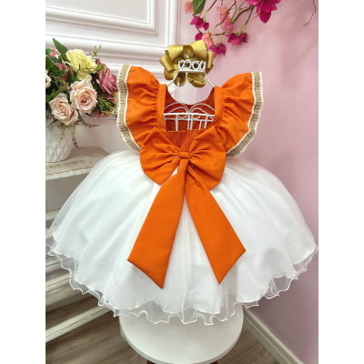 Vestido Infantil Moana Laranja Com Apliques de Flores Festas