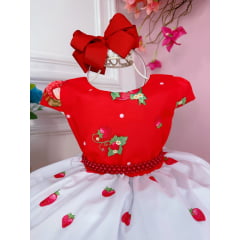 Vestido Infantil Moranguinho Vermelho Cinto de Pérolas Luxo