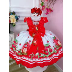 Vestido Infantil Moranguinho Vermelho Luxo Festas C/ Broche