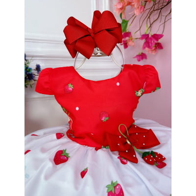 Vestido Infantil Moranguinho Vermelho Luxo Festas C/ Broche