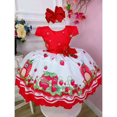 Vestido Infantil Moranguinho Vermelho Luxo Festas C/ Broche