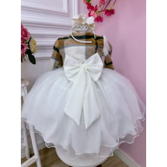 Vestido Infantil Off White Busto Strass C/ Bolero Xadrez Luxo