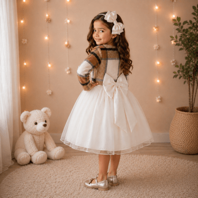 Vestido Infantil Off White Busto Strass C/ Bolero Xadrez Luxo