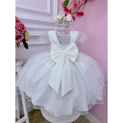 Vestido Infantil Off White Busto Strass C/ Bolero Xadrez Luxo