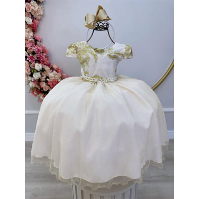 Vestido Infantil Off White C/ Renda Dourada e Pérolas Damas
