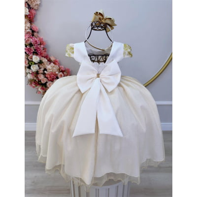 Vestido Infantil Off White C/ Renda Dourada e Pérolas Damas
