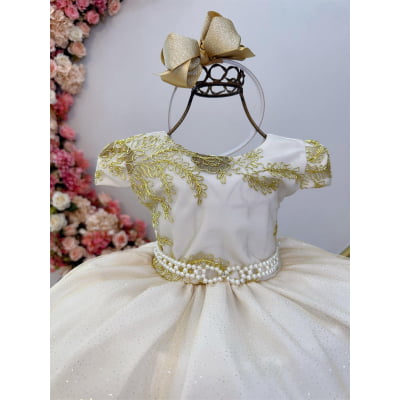 Vestido Infantil Off White C/ Renda Dourada e Pérolas Damas