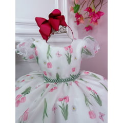 Vestido Infantil Off White Flores Tulipas e Cinto de Pérolas